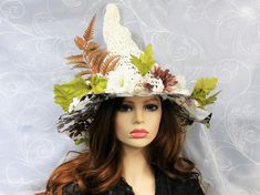 "You can certainly wear this white Raffia straw witch hat all year, but it is specifically designed with Spring and Summer in mind! I chose to make this from Raffia so it would be airy and lightweight, but still shapeable. Firm enough to stand on its own with that classic shape and a sheer floral fabric vinyl brim for shade. Airy enough to get through the heat and folds flat for travel. You can add ribbon ties through the holes in the hat or wear it as is. Some stretch so one size fits most. Hap White Adjustable Halloween Costume Hats And Headpieces, Adjustable White Halloween Costume Hat, White Brimmed Costume Hats And Headpieces For Festivals, White Brimmed Festival Costume Hats And Headpieces, White Wide Brim Costume Hat For Festival, White Straw Hat With Short Brim For Festival, White Short Brim Mini Hat For Festival, White Wide Brim Festival Hat, Summer Costume Hat With Adjustable Fit