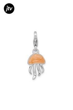 Rhodium over sterling silver 3-Dimensional jellyfish charm with orange glitter enamel and fancy lobster clasp. Measures approximately 1 1/16"L x 3/8"W. Orange Enamel Dangle Jewelry, Orange Dangle Jewelry With Lobster Clasp, Silver Enamel Charms With Lobster Clasp, 3d Jellyfish, Jellyfish Charm, Orange Glitter, Silver Glitter, Jellyfish, Lobster Clasp