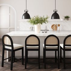 a kitchen table with four chairs and a plant in the center surrounded by potted plants