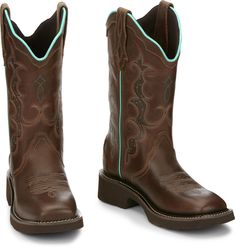 Its leather upper is accented by a delicate stitch pattern and features a scalloped collar for a feminine touch. The distressed golden brown foot gives this boot a vintage feel and sports a square toe. The J-Flex Flexible Comfort System� insole with remov Teal Cowgirl Boots, Justin Cowgirl Boots, Rodeo Toys, Mens Hunting Boots, Tony Lama Boots, Womens Cowgirl Boots, Rugged Boots, Womens Work Boots, Cowgirl Boot