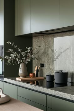 the kitchen counter is clean and ready to be used as a centerpiece for cooking