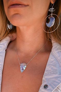 The heavenly, magical glow of this Aura Opalite Necklace is your reminder that angels are everywhere. You are always being watched over and guided. Trust and keep moving forward. Pair this beauty with other Fierce Forward necklaces, it's the perfect layering necklace! Aura Opalite arrowhead pendant Sterling silver cable or sterling silver satellite chain, refer to the listing image Pendant length approximately 1 3/8" Handmade in Arizona Please use the size guide below to confirm your length. Con Arrowhead Pendant, Opalite Necklace, Being Watched, Collar Bone, Meaningful Jewelry, Mala Necklace, Keep Moving Forward, Necklace Size, Layering Necklace