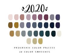 the color swatches for 2020 are shown in shades of purple, blue and green