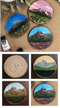 four different pictures of mountains and flowers painted on wood slices with acrylic paint