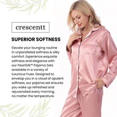 Indulge in ultimate comfort with the luxurious PearlSilk™ Pajama Set. Made from high-quality vegan silk satin, this 2-piece ensemble is cool, breathable, and exquisitely soft and silky to the touch. Enjoy a blissful sleep that is free of discomfort, with less sweating and hot flashes. Perfect for restful slumber, the PearlSilk™ pajama set is the ultimate in attainable luxury & comfort. Tired of pajamas that don’t look flattering nor feel great? Too many times we find ourselves wearing clothes at Satin Pjs, Silk Pjs, Satin Nightwear, Silky Pajamas, Luxury Pajamas, Satin Pajama Set, Silk Pajamas Women, Pajamas For Women, Silk Eye Mask