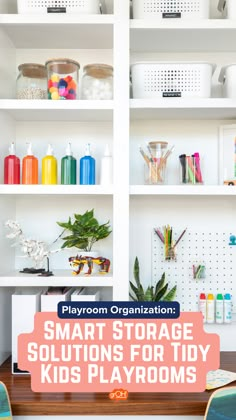 an organized playroom with lots of toys and supplies for kids to play on the shelves