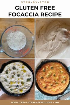 four different pictures with the words gluten - free focaccia recipe