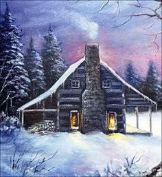 a painting of a log cabin in the snow with trees around it and lights on