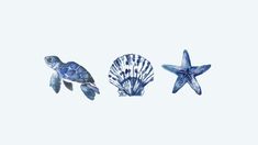 three sea animals are depicted in this watercolor painting, one is blue and the other is white