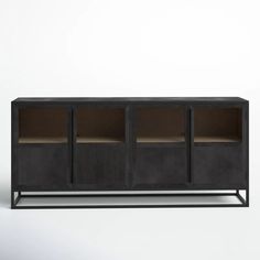 the sideboard is made out of concrete and has three shelves on each side, one with