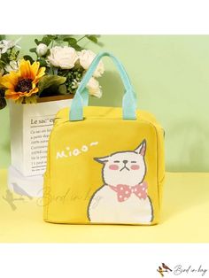 Bird in Bag - Cartoon Cat Insulated Lunch Bag for Keeping Food Warm Cute Cat Design Rectangular Shoulder Bag, Cute Cat Design Bags For Daily Use, School Bag With Cat Design And Rectangular Shape, Cute School Bags With Cat Print, Cute Cat Design Satchel Bag, Cute Yellow Bag For Daily Use, Cute Everyday Bags With Cat Design, Cute Yellow Satchel Bag, Cute Cat Print Travel Bags