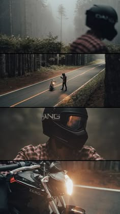 two people riding motorcycles on a road in the woods, one is wearing a helmet