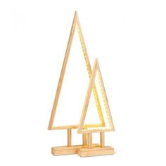 two wooden triangle shaped lamps with lights on them