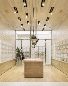 an empty store with wooden shelves and plants