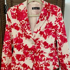 Nwt, 7th Avenue Suiting Collection Light Cream And Magenta Pink Floral Jacket, Fully Lined. Beautiful Detailing With Metal Buttons And Ribbon Detail Over The 2 Pockets. Shell Is 97% Cotton, 3% Spandex, Lining 100% Polyester. Tailored Floral Print Spring Outerwear, Tailored Floral Print Outerwear For Spring, Floral Print Cotton Blazer For Work, Red Cotton Blazer For Spring, Pink Formal Outerwear For Spring, Tailored Pink Outerwear For Spring, Pink Long Sleeve Blazer With Floral Print, Pink Cotton Blazer For Fall, Fitted Pink Blazer For Spring