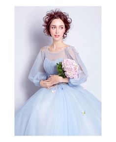 Blue Ball-gown Scoop Neck Floor-length Wedding Dress With Flowers Elegant Ball Dresses, Ball Gown Elegant, Dress Quinceanera, Gown Elegant, Prom Dresses Elegant, Blue Ball Gowns, Soiree Dress, Engagement Dress, Long Prom Gowns