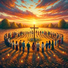 a large group of people standing around a cross in a field with the sun setting