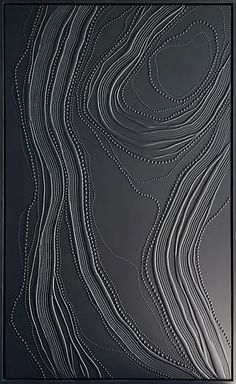 an abstract black and white painting with wavy lines on the side, in front of a gray background