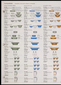 an old recipe book showing different types of cooking utensils in various colors and sizes