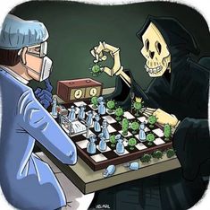 two people playing chess in front of a skeleton