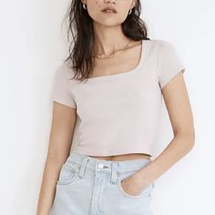 Madewell Pale Lilac Soft Square-Scoop Neckline Westville Crop Tee Top Brand New - Without Hang Tag/Paper Tag. The Brand Name Inside In Cut Out To Prevent Returns To The Retail Stores. Material - 58% Cotton, 39% Modal, 3% Elastane Made Of Ribbed Fabric That Has Hold-You-In/Hold-You-Up Power, This Supercropped Tee Has A Soft Square-Meets-Scoop Neckline And Cool Retro Stripes. Pairs Perfectly With High-Rise Denim Shorts. Fitted. Body Length From High Point Of Shoulder: 17 1/4" (Based On Size M). 58% Cotton/39% Tencel Modal/3% Elastane. Do Well: Crafted With Tencel Modal (Which Comes From Sustainable Beech Wood Using Recycled Chemicals). Machine Wash. Basic Square Neck Tops For Spring, Everyday Summer T-shirt With Square Neck, Basic Square Neck Cotton Tops, Casual Square Neck T-shirt For Everyday, Casual Square Neck T-shirt, Scoop Neck Tops For Day Out, Fitted Scoop Neck Top For Day Out, Basic Scoop Neck Tops For Day Out, Pale Lilac