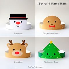 four different paper hats with faces and noses on them, one for the snowman, one for the reindeer