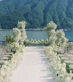 an outdoor ceremony setup with white flowers and greenery on the aisle, overlooking water