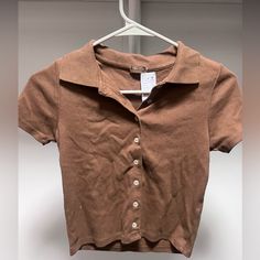 Nwt Brown John Galt Tee Brown Collared Top For Fall, Basic Collared T-shirt For Spring, Casual Fall Tops With Collared Neckline, Basic Collared Spring T-shirt, Basic Brown Tops For Spring, Cheap Vintage Brown T-shirt, Retro Brown Short Sleeve T-shirt, Brown Collared Cotton T-shirt, Classic Brown Cotton T-shirt