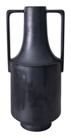 a large black vase is shown on a white background and has a handle for the top