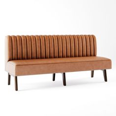 a brown leather bench sitting on top of a white floor