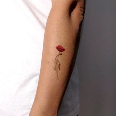 a person with a red flower tattoo on their arm