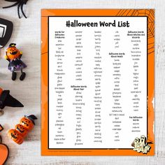 a halloween word list with pumpkins and candy on it, next to other items