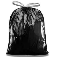 a black trash bag with white handles on the top and bottom, in front of a white background