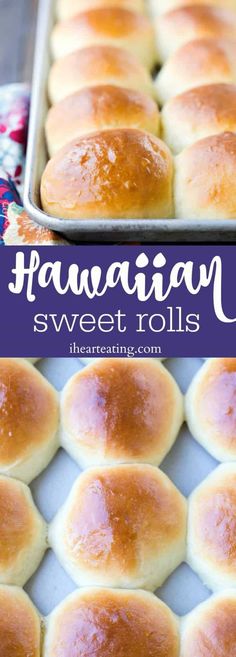 hawaiian sweet rolls on a baking sheet with the words hawaiian sweet rolls above it and below