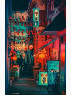 an alleyway at night with chinese lanterns hanging from the ceiling