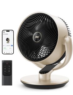 an electric fan sitting on top of a table next to a remote control and phone