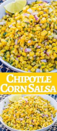 corn salad with cilantro and lime in a white bowl on a blue tablecloth