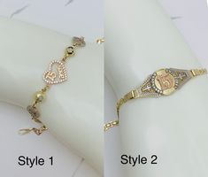 Style 1   ❤️ ❤️ ❤️ HEARTS ❤️ ❤️ ❤️  ❤️ Real 10k Gold Bracelet Sweet 15 -  15 Años with hearts  ❤️ 7.25" long bracelet and 1.3mm wide  ❤️ Yellow, rose, white gold with cubic zirconia  ❤️ Fine jewelry ❤️ Pulsera en oro de 10 Kilates De quinceañera  ❤️ 7.25 pulgadas de largo y 1.3 milímetros de ancho  ❤️ brasalete en oro sólido de 14k - oro rosado, blanco, dorado con corazones  ❤️ Guillo de 15 años con piedra zirconia SKU 053084 Style 2  ❤️ ❤️ ❤️ crosses  ❤️ ❤️ ❤️  ❤️ Real 10k Gold Bracelet Sweet 15 - 15 Años with crosses   ❤️ 7" long bracelet and 3mm wide  ❤️ Yellow, rose, white gold ❤️ Fine jewelry ❤️ Pulsera en oro de 10 Kilates De quinceañera  ❤️ 7 pulgadas de largo y 3milímetros de ancho  ❤️ brasalete en oro sólido de 10k - oro rosado, blanco, dorado con cruzes  ❤️ Guillo de 15 años  SKU Quinceanera Bracelet Gold, Elegant Gold Jewelry For Sweet 16, Elegant White Jewelry For Sweet 16, Personalized Elegant Jewelry For Sweet 16, 15 Quinceanera, Heart Real, Long Bracelet, Sweet 15, Heart Bracelet