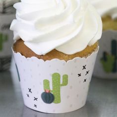 a cupcake with white frosting and a cactus on it