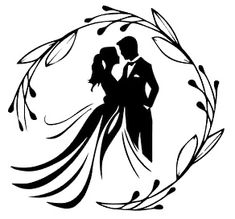 a silhouette of a bride and groom holding each other in a circle with leaves around them