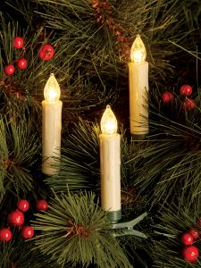 three lit candles sitting on top of a christmas tree