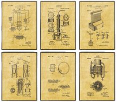 four drawings of different types of machines from the early 1900's and 1950's