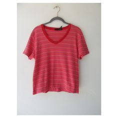 90's Pink, Red & White Striped Tank Top Tee Size Large Measures Shoulders 17'' Pit to pit 18'' Top to bottom 21'' 100% Cotton Maker: Mossimo   Top is in great condition Retro Pink V-neck Top, Pink Retro V-neck Tops, 80's Clothes, 90s Tees, 80s Outfit, V Neck Tank Top, Striped Tank Top, Red And White Stripes, Striped Tank