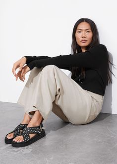 These chunky leather sandals are accented with silver-tone studs. The wide crisscross straps are buckled, allowing you to adjust them for a customized fit, while the molded footbeds offer cushioned support.Heel height: 2cm / 0.8" Casual Spring Footbed Sandals With Studded Rubber Outsoles, Casual Open Toe Sandals With Studs, Casual Leather Sandals With Studs, Casual Rivets Sandals For Spring, Chunky Leather Sandals, Poses Women, Photography Poses Women, Skirt And Blouse, Shop Shoes