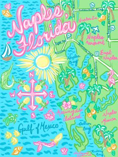 an illustrated map of the state of hawaii, with colorful lettering and illustrations on it