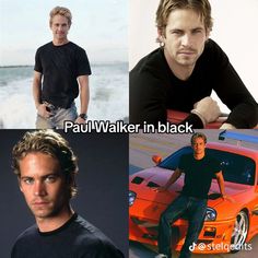 four different pictures of the same man in front of an orange sports car, one with his hands on his hips