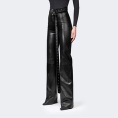 Classic Fly-Front Leather Pant with a removable eternity belt for the ultimate fashion statement +details Heavyweight spandex backed stretch Roxy lambskin leather Fly-Front zippers Closure Infinity belt secured with two back belt loops Fitted at hips, full straight leg Bonded Hem +size/fit Fits small, take size up Model wears size S Size Chart below indicates flat-lay garment measurements Leather has minimal stretch to it, allow for up to 1" growth for all flat-lay width measurements Infinity Belt, Custom Leather Jackets, Back Stretches, Leather Pant, Leather Lounge, Custom Leather, Lambskin Leather, Straight Leg Pants, Roxy