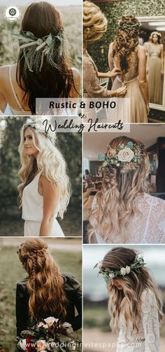 wedding hair styles for the bride with flowers and leaves in their hair, including curls