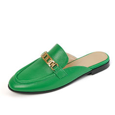 Handmade from premium leather. these loafer mules are really comfortable and breathable. Boasting chain decoration. these green mules help you show an easy chic look. Upper: Genuine Leather Lining: Genuine Leather Outsole: TPR Toe: Round Toe Closure: Slip on Color: White. Royal Blue. White is_handmade: Yes