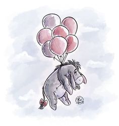 a drawing of an elephant holding balloons in the air